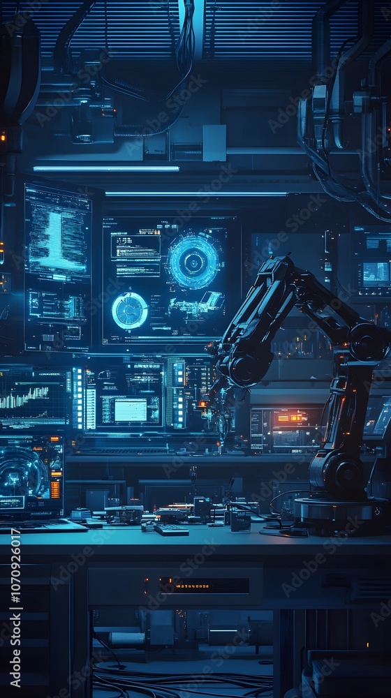 Fototapeta premium A futuristic laboratory with advanced robotic arms and holographic displays, showcasing the power of AI technology in industrial design and product development