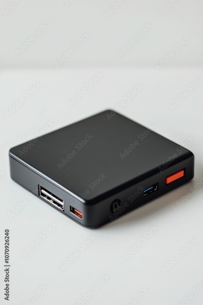 Black rectangular device with ports and buttons. Black rectangular device with ports and buttons.