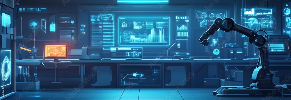 A futuristic laboratory with advanced robotic arms and holographic displays, showcasing the power of AI technology in industrial design and product development A futuristic laboratory with advanced robotic arms and holographic displays, showcasing the power of AI technology in industrial design and product development
