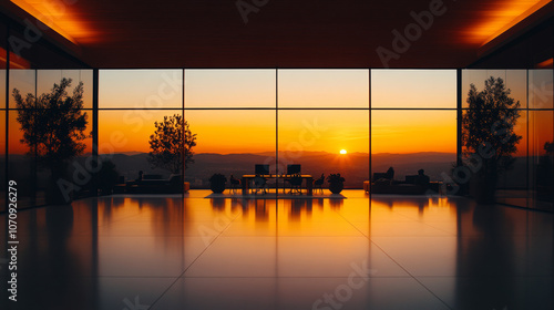 Fototapeta Naklejka Na Ścianę i Meble -  A modern office space with a stunning sunset view through large windows.