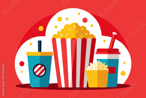 Movie Popcorn and Drink Combo - Cinema Snack Illustration. Movie Night Popcorn and Soda Illustration - Cinema Snack Vector. Pop corn snack and soda beverage in red cup with ice cubes splash and flying