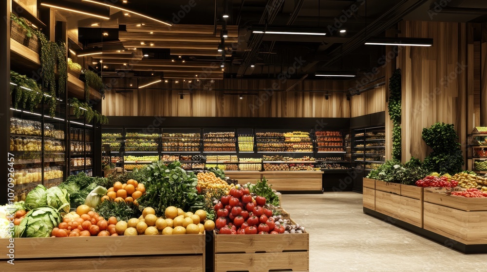 A modern grocery store interior showcasing fresh produce in wooden displays. A modern grocery store interior showcasing fresh produce in wooden displays.