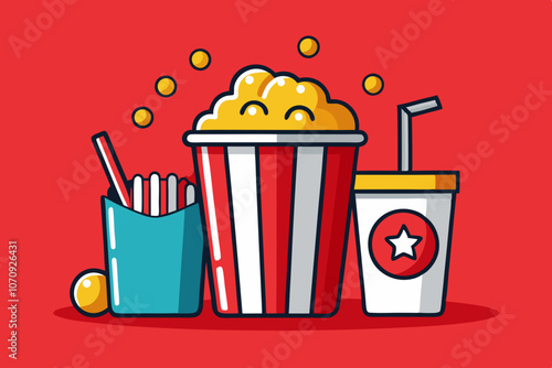 Movie Popcorn and Drink Combo - Cinema Snack Illustration. Movie Night Popcorn and Soda Illustration - Cinema Snack Vector. Pop corn snack and soda beverage in red cup with ice cubes splash and flying