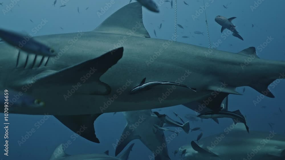Shark diving safari tourism. Divers feed school of sharks in underwater marine wildlife of Pacific Ocean. .Close-up gray bull sharks and colorful fish swimming, feeding underwater in ocean of Tonga. Shark diving safari tourism. Divers feed school of sharks in underwater marine wildlife of Pacific Ocean. .Close-up gray bull sharks and colorful fish swimming, feeding underwater in ocean of Tonga.