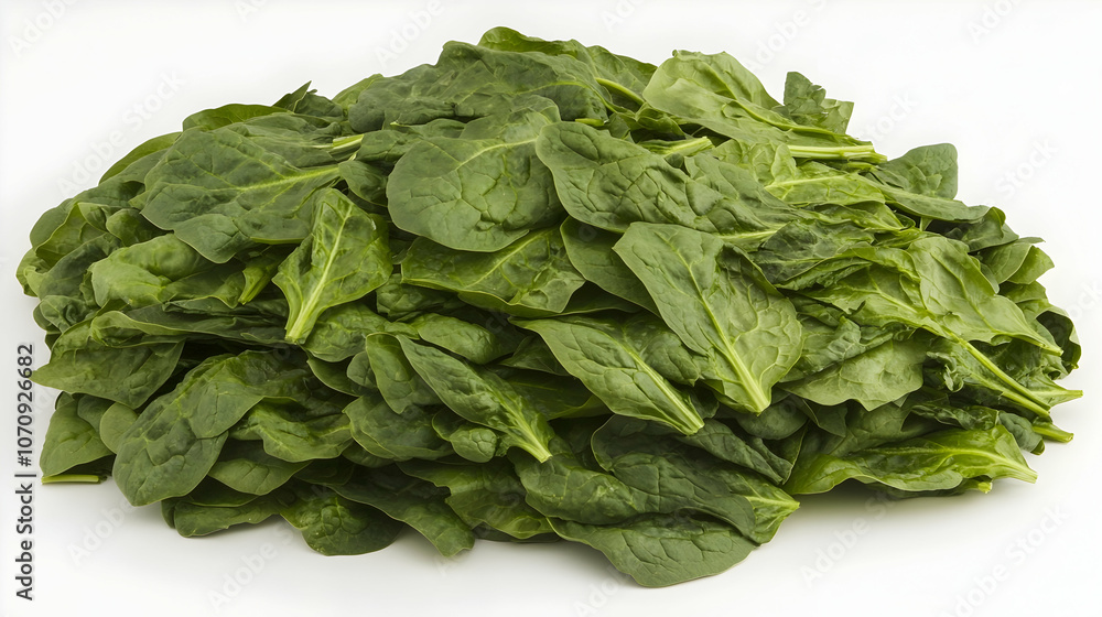 A pile of fresh, green spinach leaves isolated on a white background. A pile of fresh, green spinach leaves isolated on a white background.
