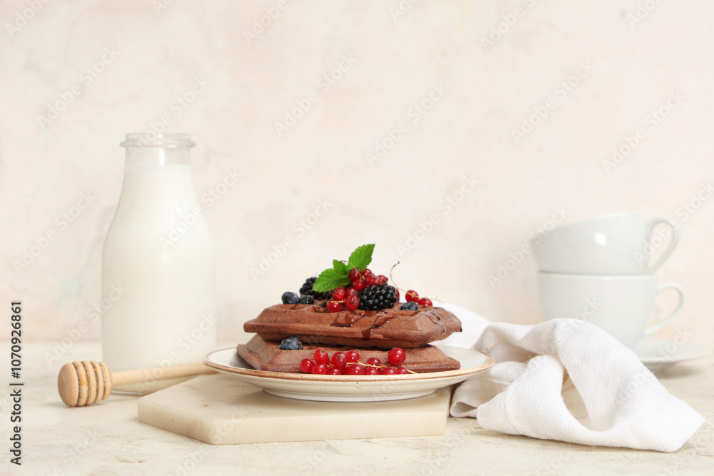 Plate of sweet chocolate Belgian waffles with fresh berries and bottle of milk on white background Plate of sweet chocolate Belgian waffles with fresh berries and bottle of milk on white background