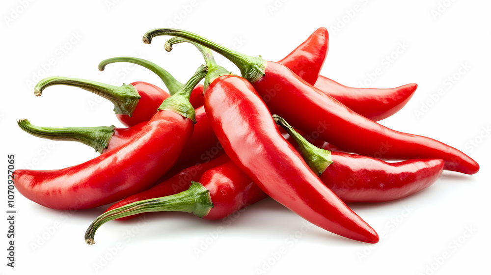 A pile of fresh red chili peppers isolated on a white background. A pile of fresh red chili peppers isolated on a white background.