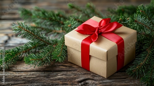 Christmas Gift Box with Red Ribbon and Pine Branches