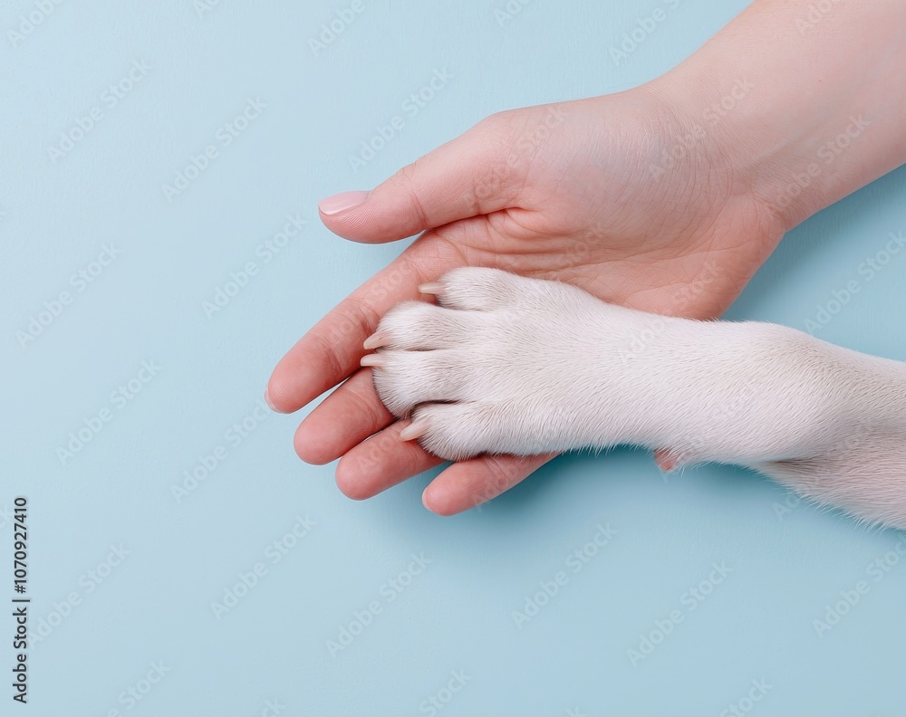 An image of dog paws and hands close up from the top. A concept of friendship, trust, love, and the collaboration between the person and the dog An image of dog paws and hands close up from the top. A concept of friendship, trust, love, and the collaboration between the person and the dog
