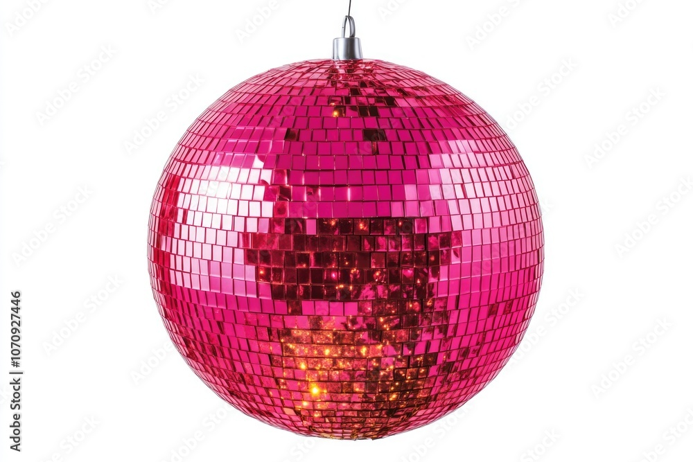 Fototapeta premium A pink disco ball hangs from the ceiling, adding a touch of glamour and fun to any room