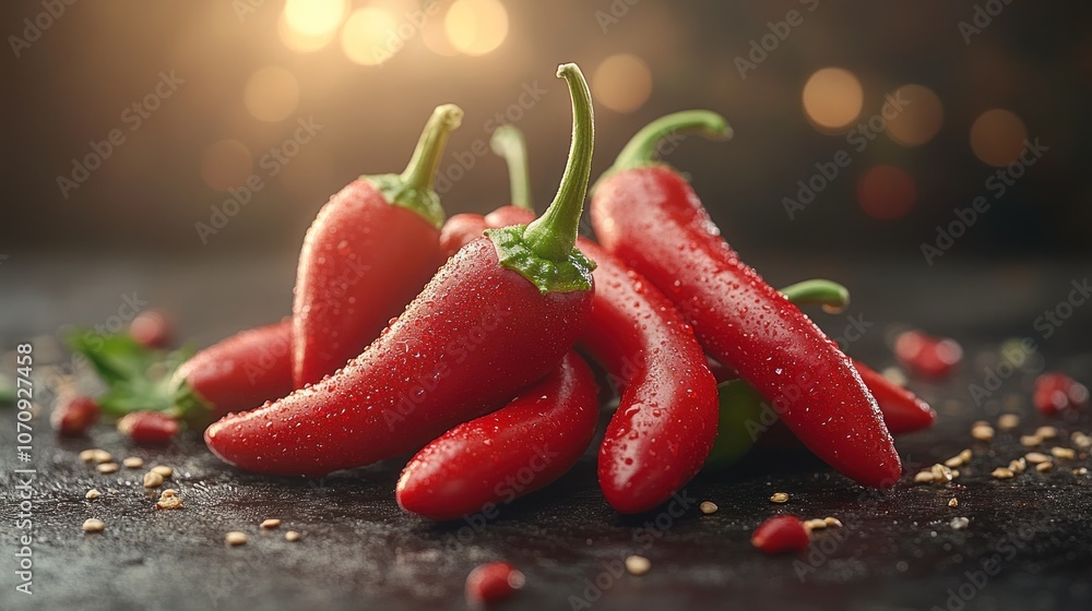 A group of fresh red chili peppers with water droplets on a dark surface. A group of fresh red chili peppers with water droplets on a dark surface.