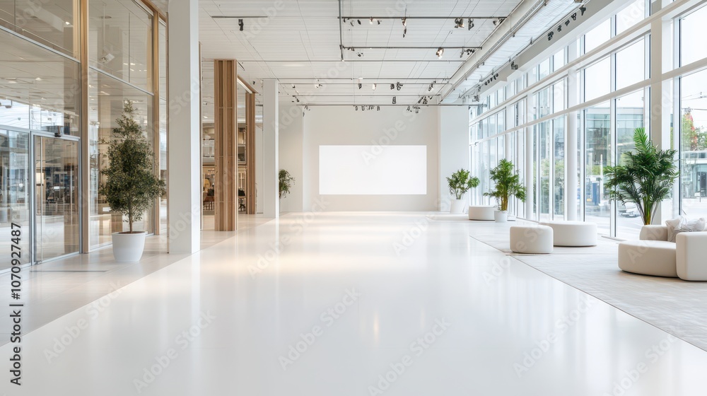 Fototapeta premium A minimalistic interior space features a large screen displaying a website under construction notice during daylight hours