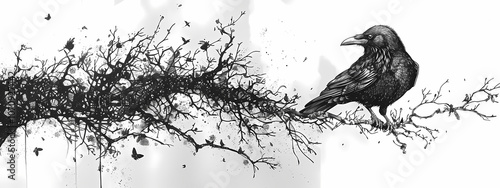 A striking black raven perched on a stylized branch, surrounded by intricate ink splatters and abstract forms, embodying creativity and nature. photo