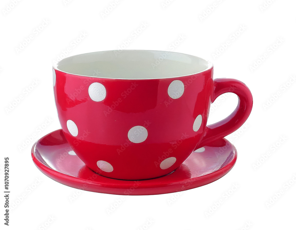 A red polka-dotted coffee cup isolated against a white background A red polka-dotted coffee cup isolated against a white background