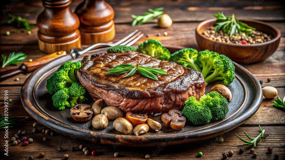 Exquisite Portrait of Seared Ribeye Steak Garnished with Fresh Broccoli and Sautéed Mushrooms on a Rustic Wooden Table, Perfect for Culinary and Food Photography Enthusiasts Exquisite Portrait of Seared Ribeye Steak Garnished with Fresh Broccoli and Sautéed Mushrooms on a Rustic Wooden Table, Perfect for Culinary and Food Photography Enthusiasts