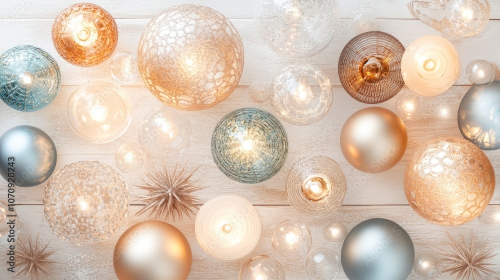 Festive Ornaments and Lights on Wooden Surface Festive Ornaments and Lights on Wooden Surface