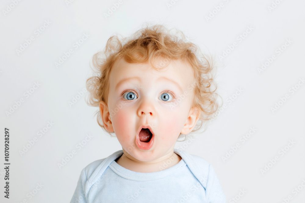 A shocked cute baby with wide eyes and an open mouth looking at the camera, surprise, wow concept. Amazed, excited child, funny reaction on amazing news, loud sound or something new A shocked cute baby with wide eyes and an open mouth looking at the camera, surprise, wow concept. Amazed, excited child, funny reaction on amazing news, loud sound or something new