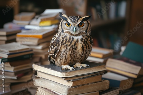 Wallpaper Mural A wise owl perched atop a pile of books, perfect for education or literary themes Torontodigital.ca