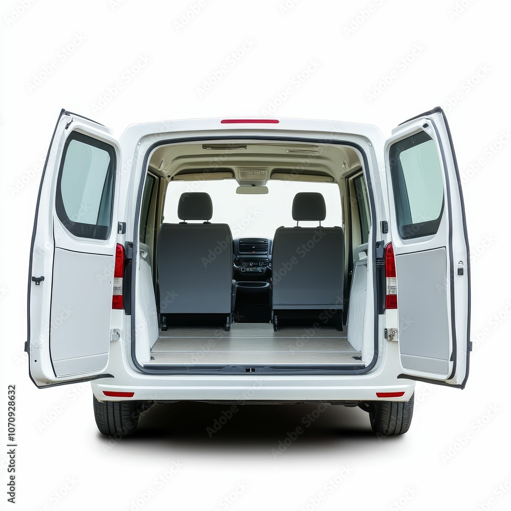 White van with open doors and empty interior. White van with open doors and empty interior.