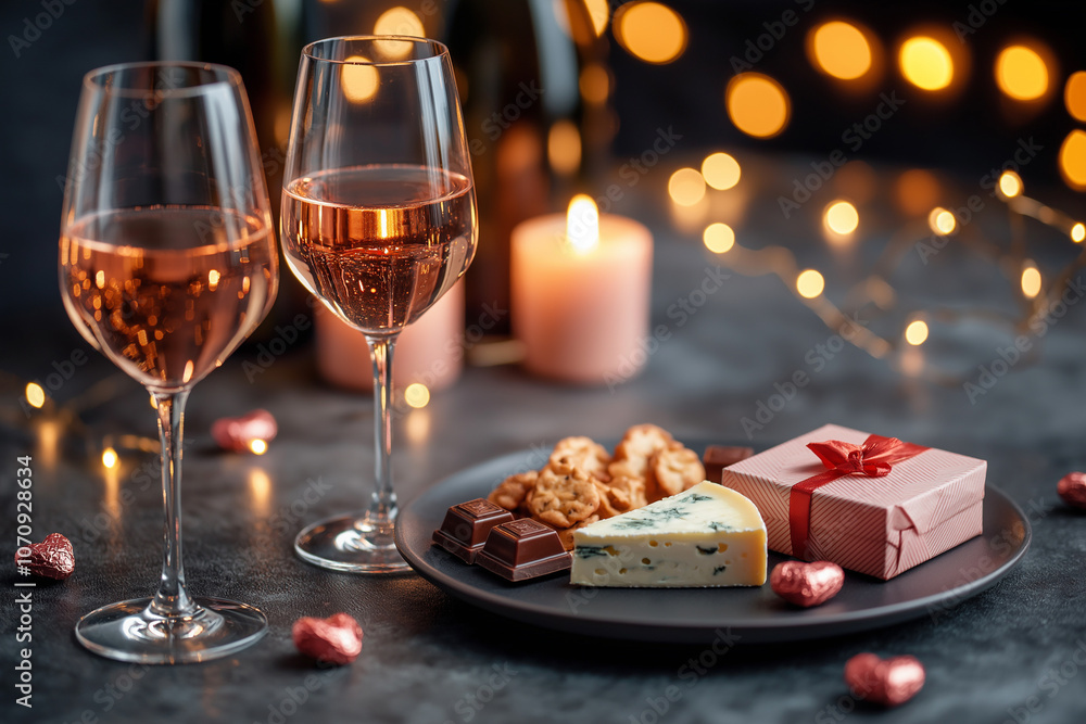 Romantic concept. Two glasses of rose wine with cheese and chocolate, gift box. Valentine's day theme, dating, romantic, love. Celebration setting for a couple with wine, bokeh background. Romantic concept. Two glasses of rose wine with cheese and chocolate, gift box. Valentine's day theme, dating, romantic, love. Celebration setting for a couple with wine, bokeh background.