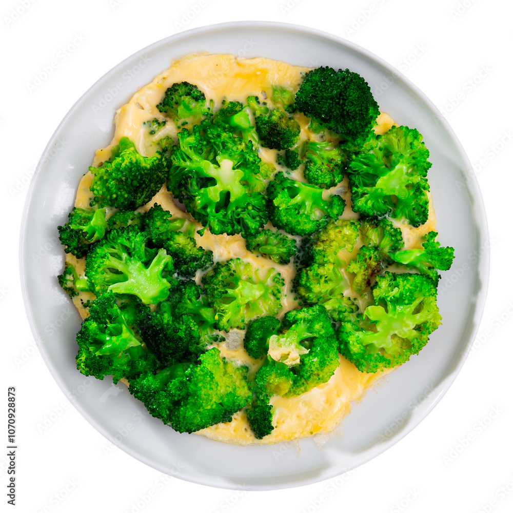 Delicious omelette with broccoli served on platter for breakfast. Isolated over white background