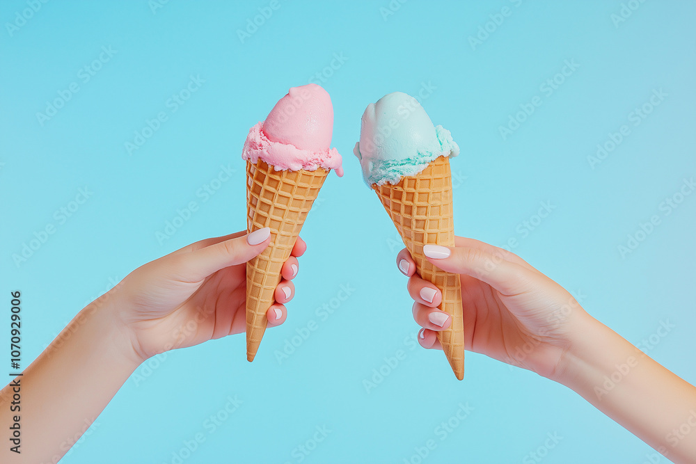 Two women's hands holding ice cream toasting. Two icecream cones hold by female hands. Cheers, friends and love concept. Vacation and summer tourism vibes, lgbt and pride theme Two women's hands holding ice cream toasting. Two icecream cones hold by female hands. Cheers, friends and love concept. Vacation and summer tourism vibes, lgbt and pride theme