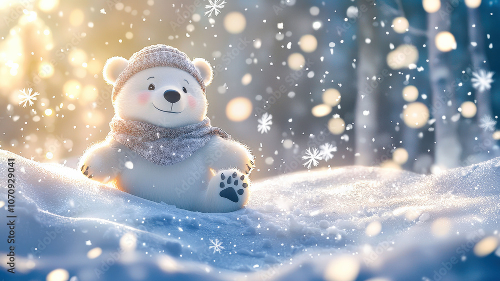 An adorable animated polar bear in a scarf and hat, sliding down a snowy hill, surrounded by sparkling snowflakes in a cheerful winter scene. An adorable animated polar bear in a scarf and hat, sliding down a snowy hill, surrounded by sparkling snowflakes in a cheerful winter scene.