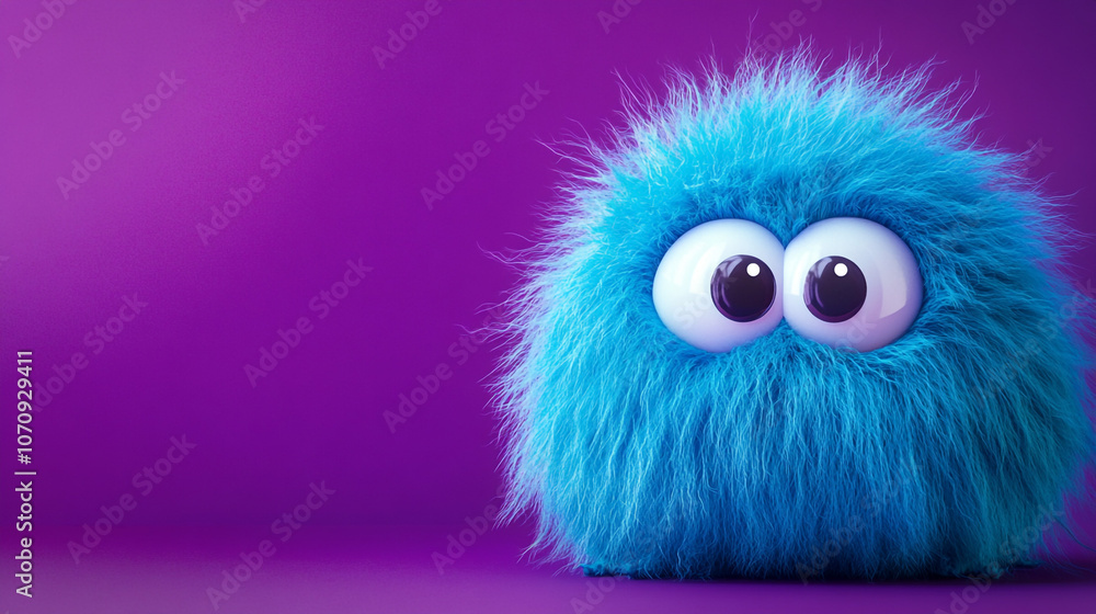 Cute Blue Furry Monster with Big Eyes on Purple Background Cute Blue Furry Monster with Big Eyes on Purple Background