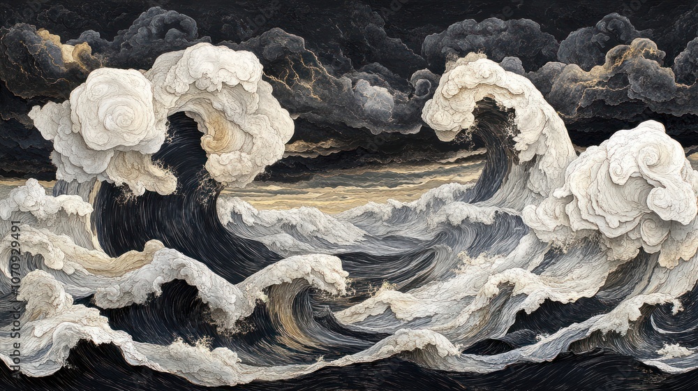 Fototapeta premium Dramatic waves and clouds in a dark, stormy sea.