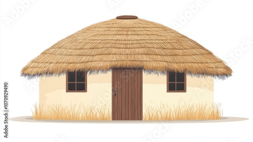 Traditional round thatched hut with door and window, flat vector illustration isolated on white background