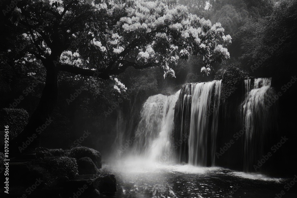 Fototapeta premium A Waterfall Cascading Through Lush Foliage