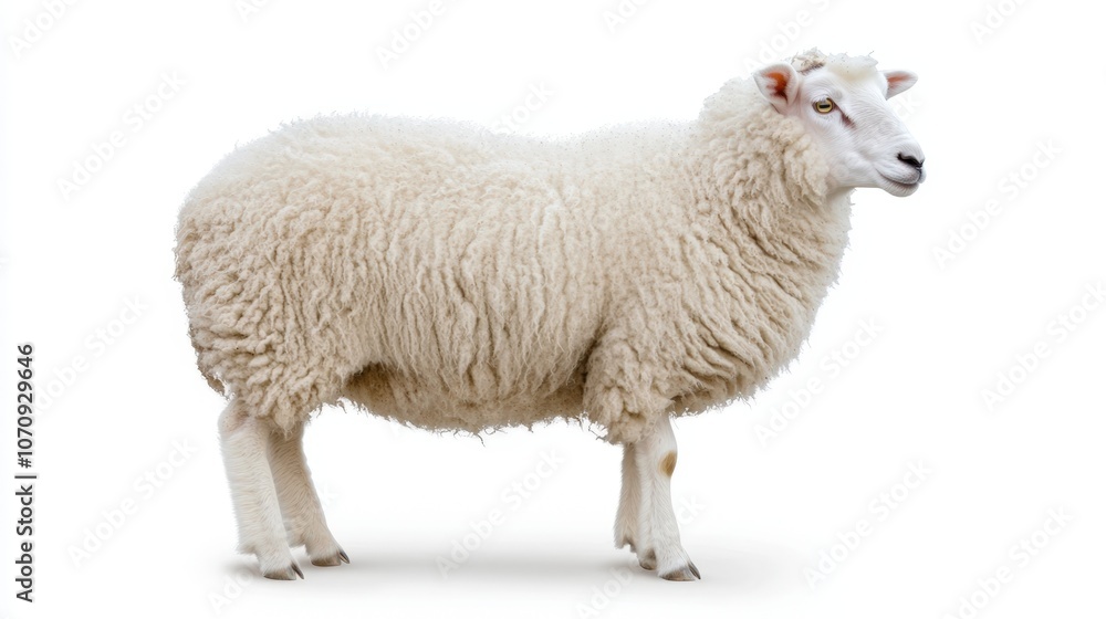Fototapeta premium Sheep with fluffy white wool, standing upright, profile view, looking off to the side, isolated on white background, full-length portrait
