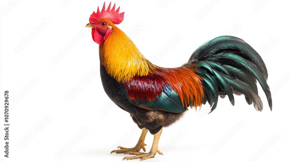 Colorful rooster with vibrant feathers, standing in profile view, looking off to the side, centered, isolated on white background, full-length portrait Colorful rooster with vibrant feathers, standing in profile view, looking off to the side, centered, isolated on white background, full-length portrait