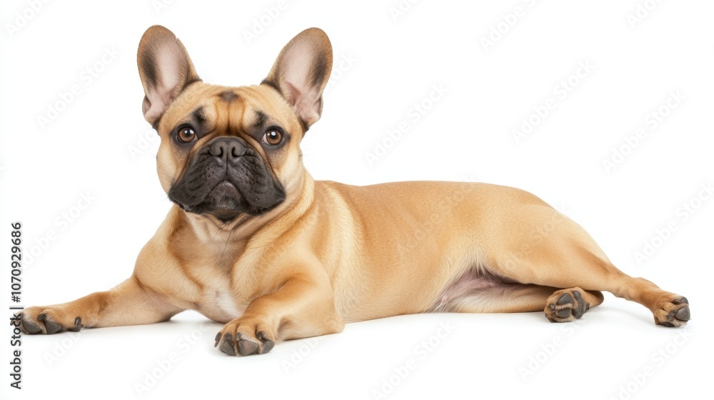 French Bulldog with tan fur lying down, front paws stretched, sweet expression, looking straight at the camera, centered, isolated on white background, full-length portrait French Bulldog with tan fur lying down, front paws stretched, sweet expression, looking straight at the camera, centered, isolated on white background, full-length portrait