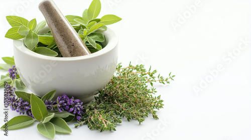 Healing fresh and dried herbs in marble mortar and pestle on white background. Setting for making herbal remedies, medicine preparation. Alternative medicine, health, natural ingredients