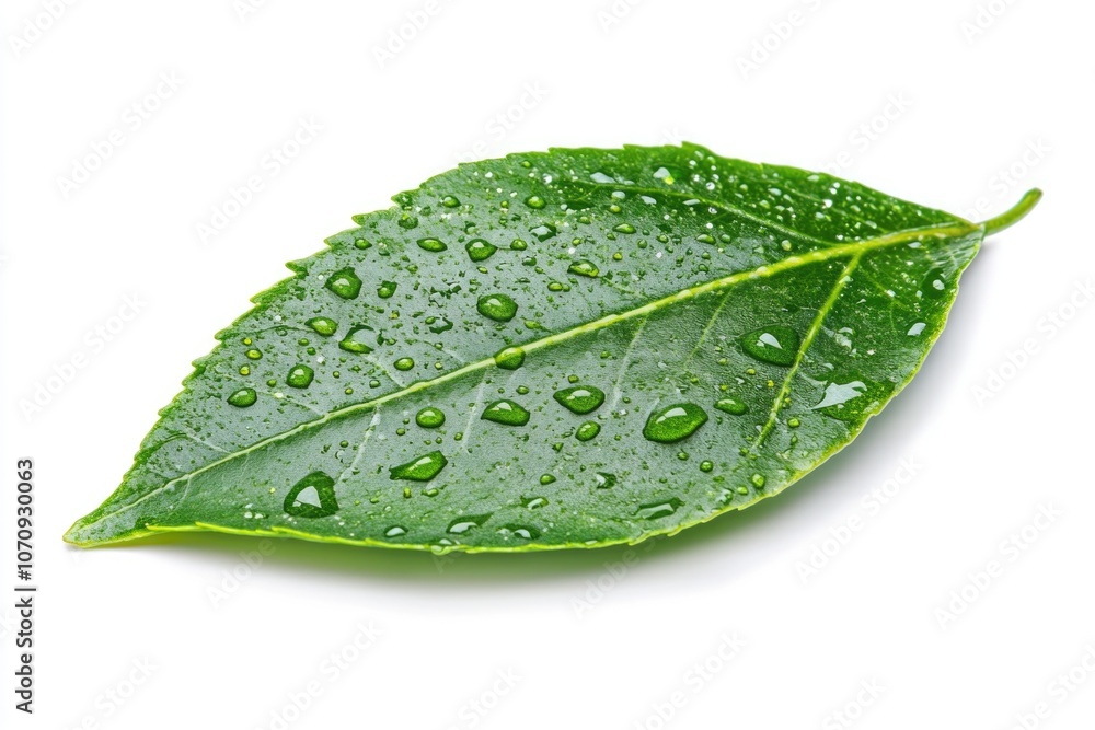 A close-up shot of a green leaf with water droplets glistening on its surface A close-up shot of a green leaf with water droplets glistening on its surface