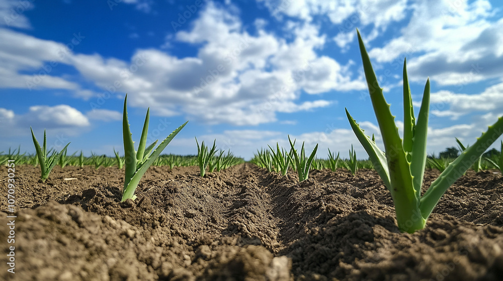 Aloe Vera Plantation with Blue Sky and Fluffy Clouds Aloe Vera Plantation with Blue Sky and Fluffy Clouds