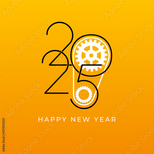 Creative 2025 New Year design template with cogwheels. Vector illustration on a construction, engineering and maintenance theme.