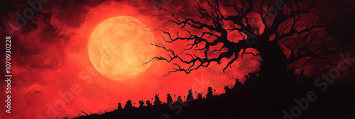 Silhouettes of figures gather beneath a blood-red moon and a gnarled tree.