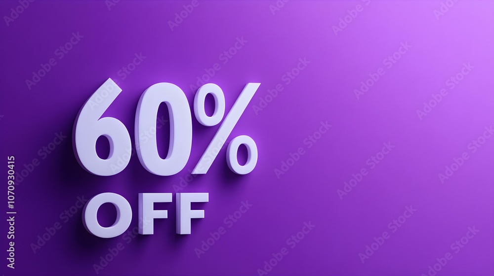 White '60% OFF' Promotional Sign on a Purple Background with Copy Space White '60% OFF' Promotional Sign on a Purple Background with Copy Space