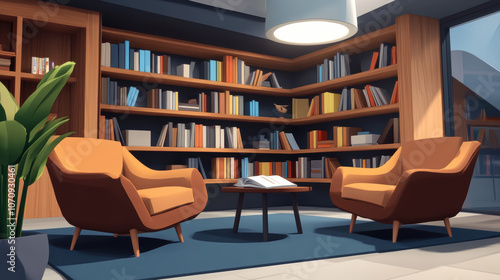 Simple 3D model of a cozy bookstore with armchairs for reading