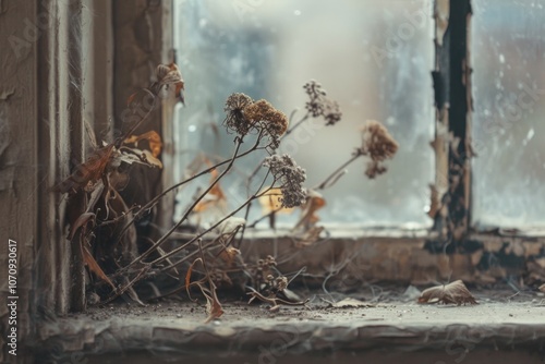 Dead Plants. Forgotten Dried Wilted Plant on Old Window Sill in Abandoned House