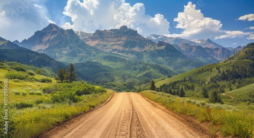 Dirt Road Mountains. Scenic Route to National Park with Majestic Mountain Landscape