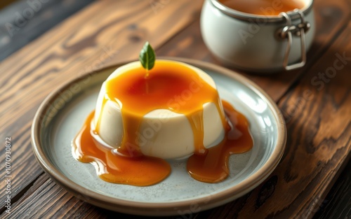 A creamy panna cotta topped with a rich caramel sauce sits on a gray plate on a wooden table photo