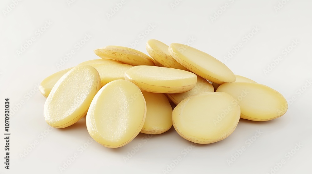 A pile of sliced raw potatoes on a white background. A pile of sliced raw potatoes on a white background.