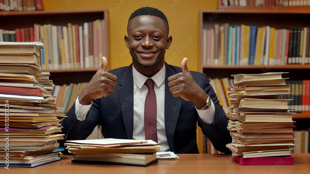 A man in a suit gives a thumbs-up in a library, surrounded by stacks of books