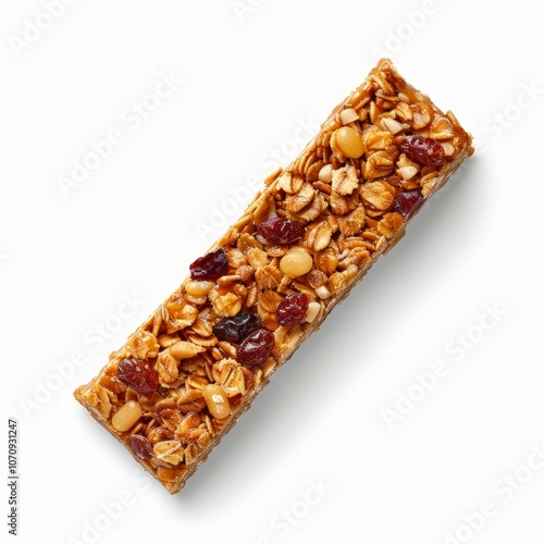 Single granola bar with rolled oats, nuts, and berries is laying on a white background photo