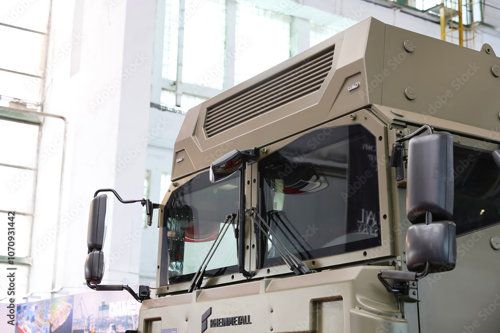 An armored military truck is presented at a military and combat equipment fair held in Bucharest, May 2024. An armored military truck is presented at a military and combat equipment fair held in Bucharest, May 2024.