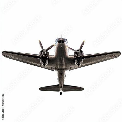 Vintage airplane flying against a white background.