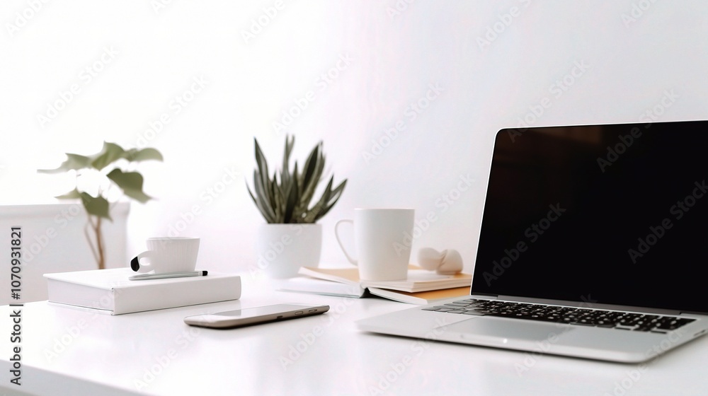 Modern Workspace Setup with Laptop and Plants Modern Workspace Setup with Laptop and Plants